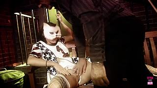 A guy discovers a naughty brunette in a kitty mask eager for a facial.