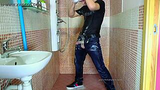 Gay Shower Fetish with Jeans and Hard Cock Masturbation