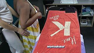 husband sent his milf wife for a sensual massage. black masseur oils her huge natural boobs!