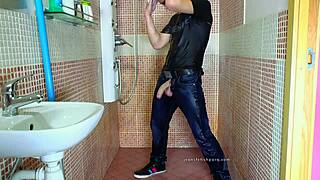 Gay Shower Fetish with Jeans and Hard Cock Masturbation