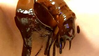 Japanese gay guys cooking chocolate banana in a fun way