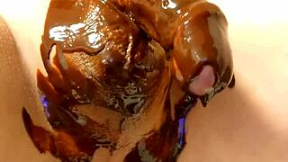 Japanese gay guys cooking chocolate banana in a fun way