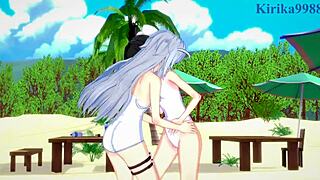 miku and laura lesbian play in symphogear hentai, touching cute boobs?