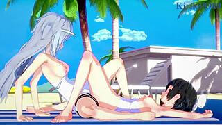 miku and laura lesbian play in symphogear hentai, touching cute boobs?