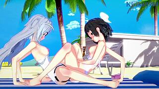miku and laura lesbian play in symphogear hentai, touching cute boobs?