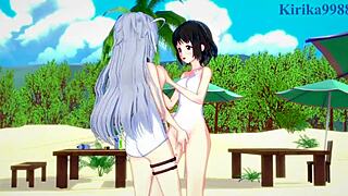 miku and laura lesbian play in symphogear hentai, touching cute boobs?
