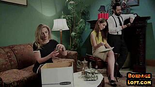 Dom bends over bdsm submissives for kinky trio fucking