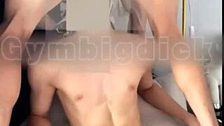 Handsome Asian gay couple dominates bareback in lingerie.