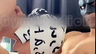 Handsome Asian gay couple dominates bareback in lingerie.