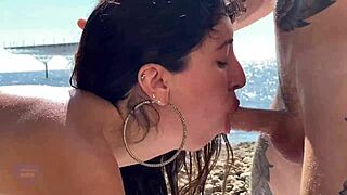 Fucking and finishing in stepsister's mouth after beach massage