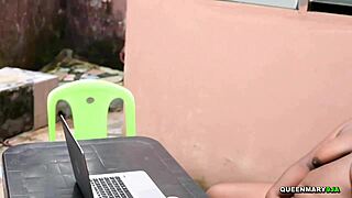 my horny stepsis and i masturbated together, then fucked bent over outside while watching porn videos