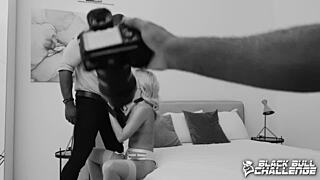 Submissive blonde Candee Licious takes monster BBC in backstage interracial creampie