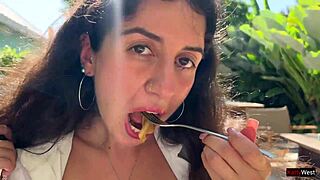 I dared my friend for a public cumshot on my face at a cafe. Eating with sperm was wild!