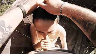 risky outdoor facefuck with girlfriend at the hunting tower, cum in throat.
