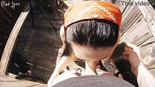 risky outdoor facefuck with girlfriend at the hunting tower, cum in throat.