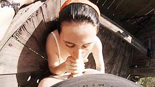 risky outdoor facefuck with girlfriend at the hunting tower, cum in throat.