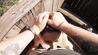 risky outdoor facefuck with girlfriend at the hunting tower, cum in throat.