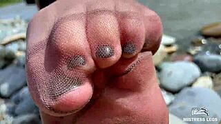 goddess in tan nylons teasing with cute soles by riverside 😍