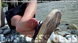 goddess in tan nylons teasing with cute soles by riverside 😍