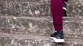 sexy girl climbs street with wet pussy craving