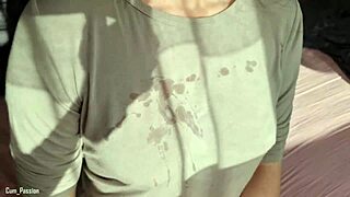 Sunny gives dirty handjob, cumshot on clothes POV