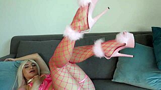 Hey, check out Barbie fingering her wet pussy with a dildo in fishnets, moaning loudly in this close-up teen masturbation session.