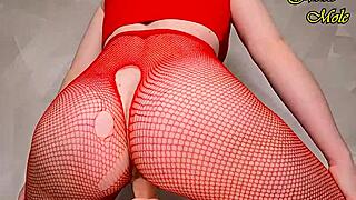Hot Milf In Sexy Red Fishnets Prepared A Dildo And Enjoyed A Long Ride On This Cock