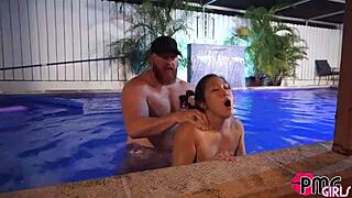 asian slut gets creampied by the pool with interracial group