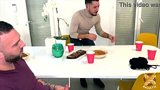 Blonde beauty with small waist rocks wild 4some. She gets her slit slammed hard!