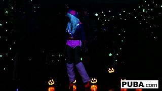 Two hot blondes are sharing a halloween scare with intense fucking