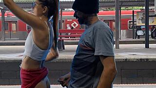 Couple banging wild in public train terminal