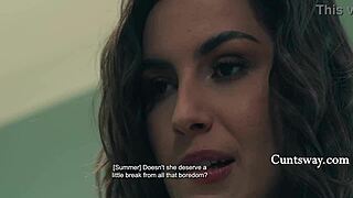 Tiny lesbian straps on to pound dainty delivery girl's shaved slit