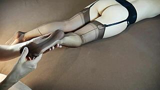 Horny Milf in Stockings Gets Soles Massaged with Tickling and Moaning Fetish Play.