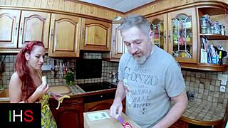 Teen slut fingers shaved pussy using kitchen dildos