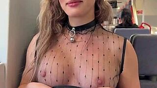 Playing with my pierced nipples on a train in sheer top, wow! 😳
