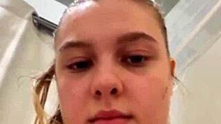 Fingering shaved pussy close up in public