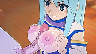 Aqua's emotional creampie fantasy in hentai footjob bliss