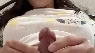 Shemale clamps hair on her cock while masturbating