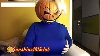 Happy halloween with big boobs in pumpkin costume