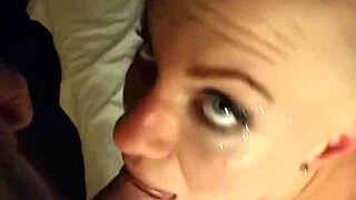 Two men engage russian blonde in threesome close up