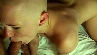 Two men engage russian blonde in threesome close up