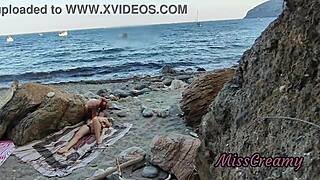 flashing my pussy to a guy on a public beach gets risky. he helps me squirt under hidden cam - misscreamy.