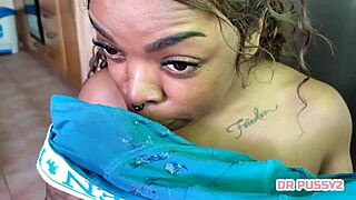 slow motion handjob and cumshot on big tits of sex-addicted african lover