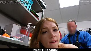 Mall cop catches shoplifting teen and bends her over in private room for blowjob
