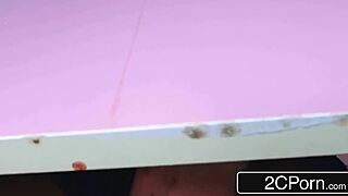 Busty Young 18+ Brunette Enjoys Wild Glory Hole Action with Mystery Man in Bathroom