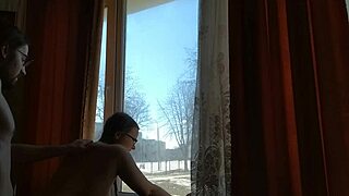 helga bosk's risky bareback sex by the window feeling the thrill as people walk by leading to intense orgasm and squirting