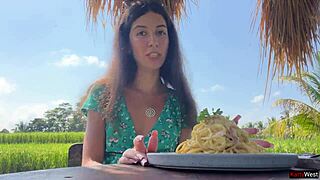 wow, public cumwalk in cafe with sperm on face eating pasta carbonara!