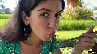 wow, public cumwalk in cafe with sperm on face eating pasta carbonara!