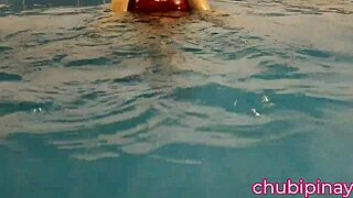 Curvy mommy flashes big natural boobs at public pool. Her solo show draws every eye.