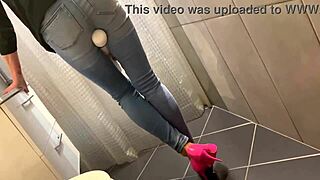 Desperate blonde milf pees in her jeans, then he pees on her ass, and she gives him a blowjob.